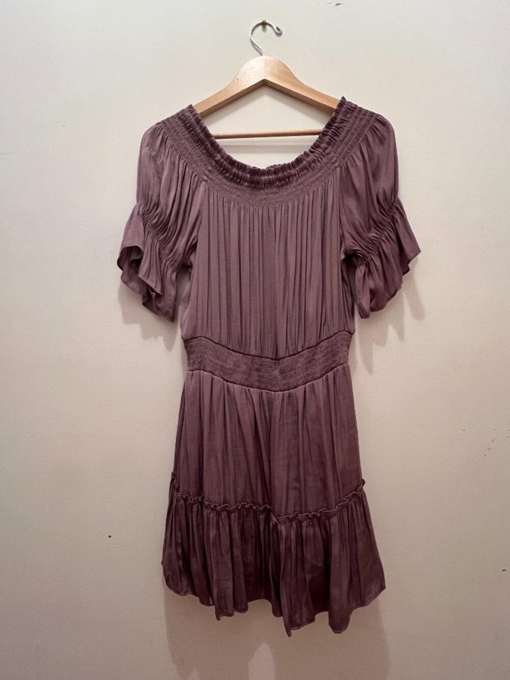 Naked Zebra Purple Pleated Ruffle Mini Dress Large Off Shoulder Boho
